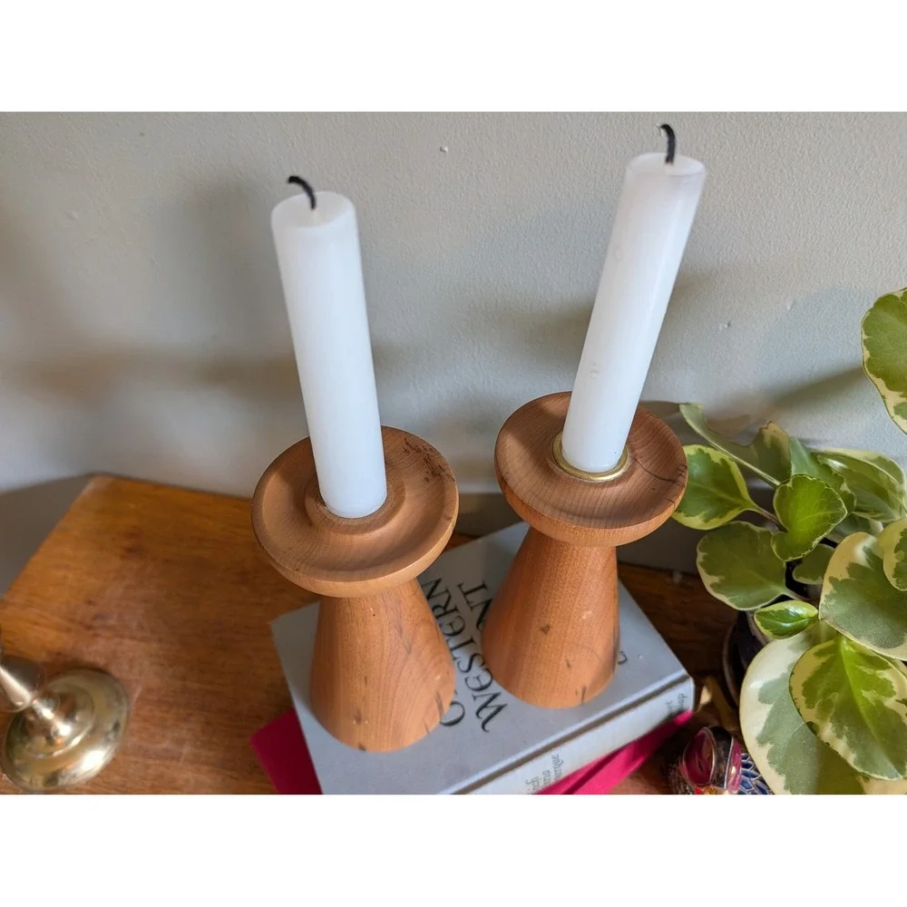Vintage Oregon Myrtlewood Candlestick Holders Mid Century Modern Wood Taper Pair